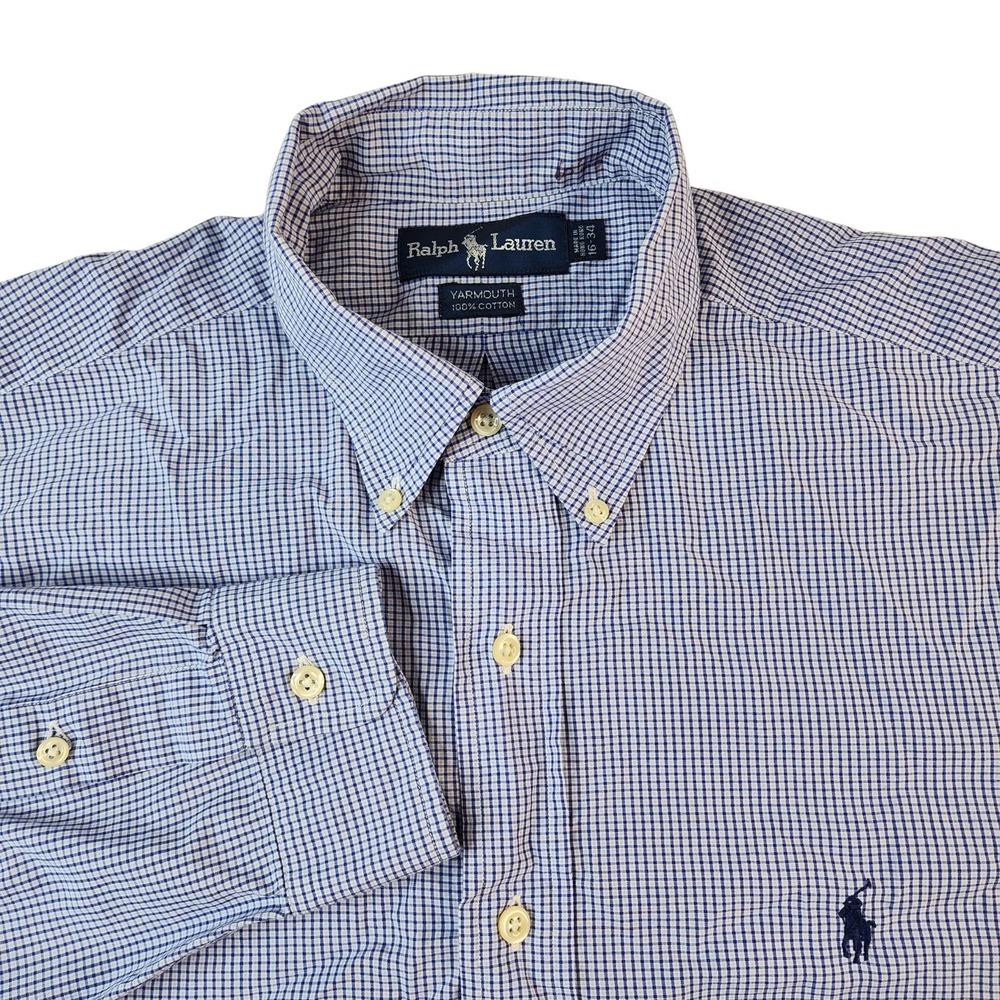 Ralph Lauren Mens Gingham Button Down Dress Shirt Blue Check Blue Pony 16 - 34